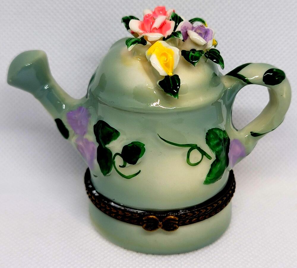 Decorative Porcelain Floral Roses & Ivy Hinged Watering Can Shaped Trinket Box